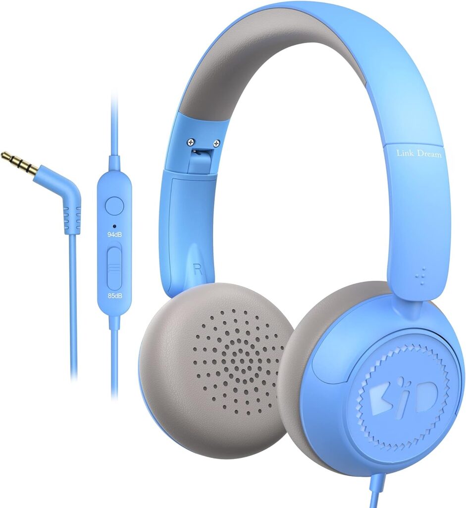 Link Dream Kids Headphones for School with Microphone Stereo On-Ear Folding 85/94dB Volume Control Child Headphones for Kids/Boys/Girls/iPad/Fire Tablet/PC/Travel, Blue